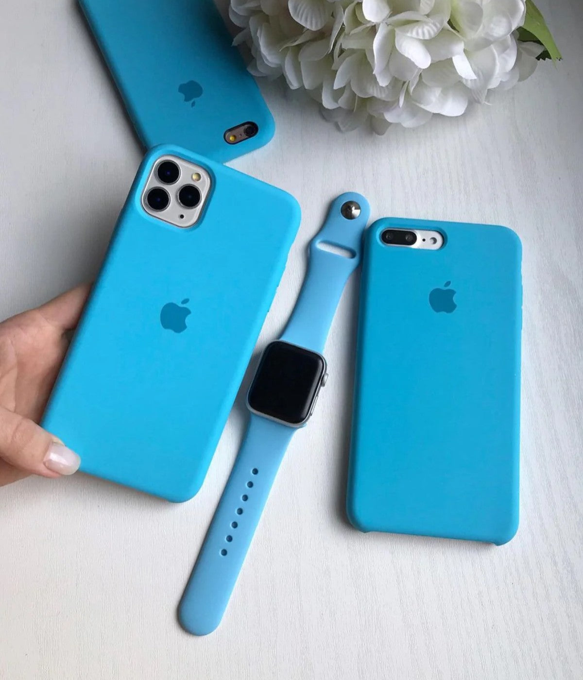 A surf blue liquid silicone case for the iPhone.