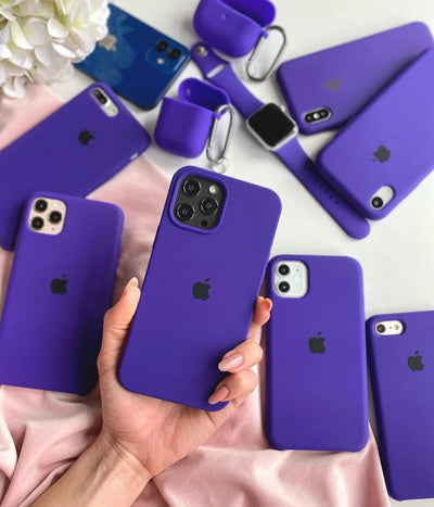 A violet liquid silicone case for the iPhone.