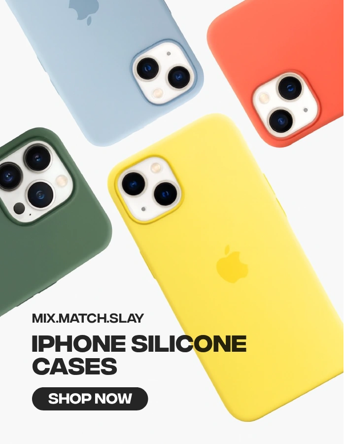 Promotional banner featuring colorful iPhone Silicone Cases with "Mix.Match.Slay" and "Shop Now" text.