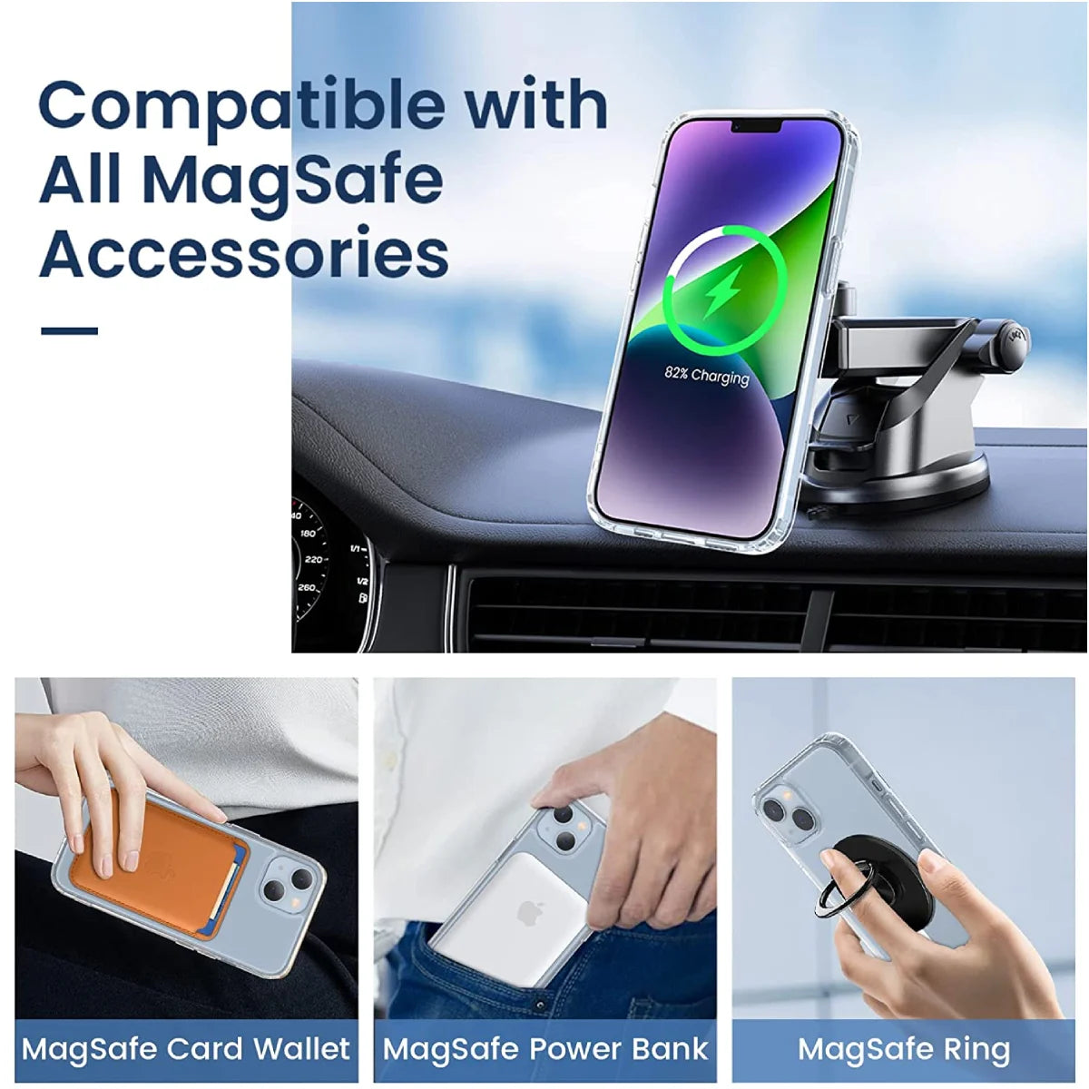 Visual showcase of the case's broad compatibility with MagSafe accessories, including car mounts, card wallets, power banks, and magnetic ring holders.