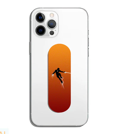A phone grip slider applied to the back of a smartphone.