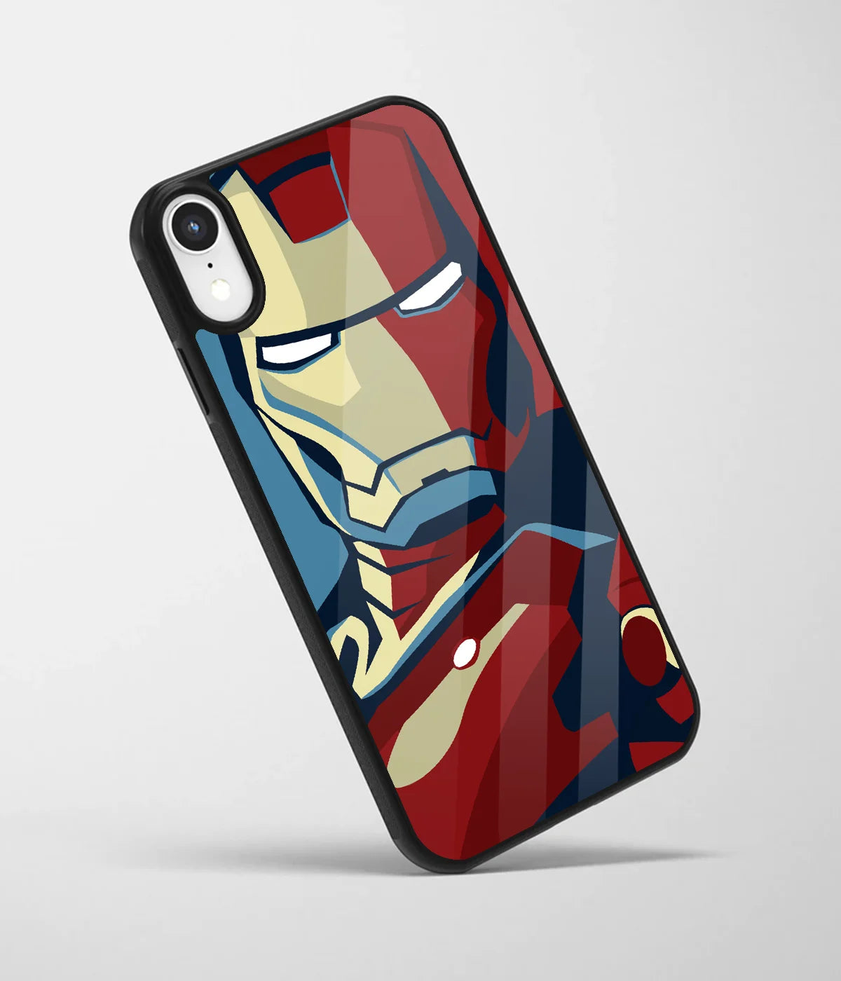 An angled view of a glass phone case featuring a vibrant design.