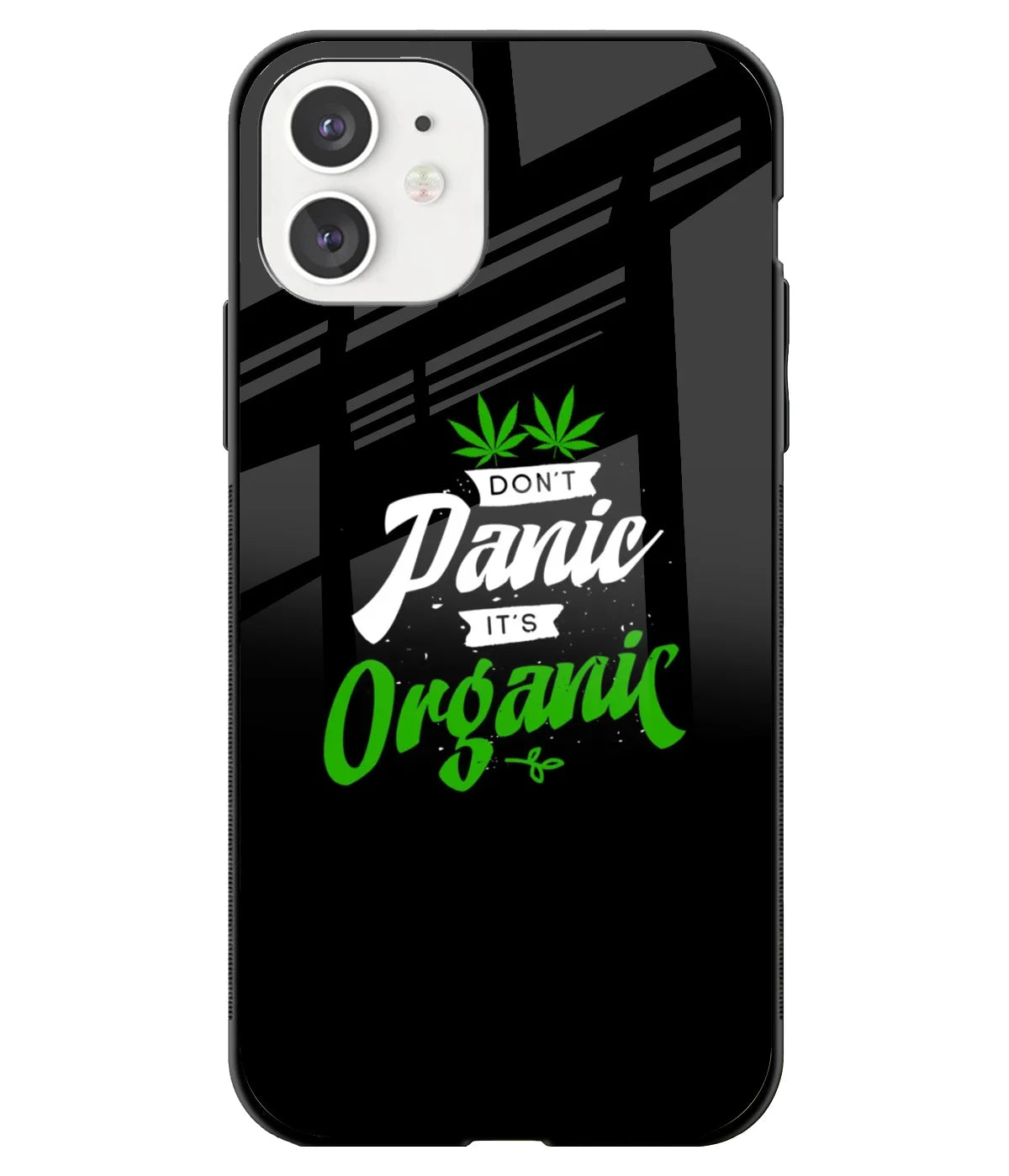 A front-on view of a glass phone case with a colorful design.