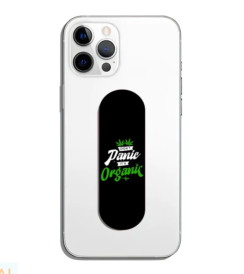 A phone grip slider applied to the back of a smartphone.
