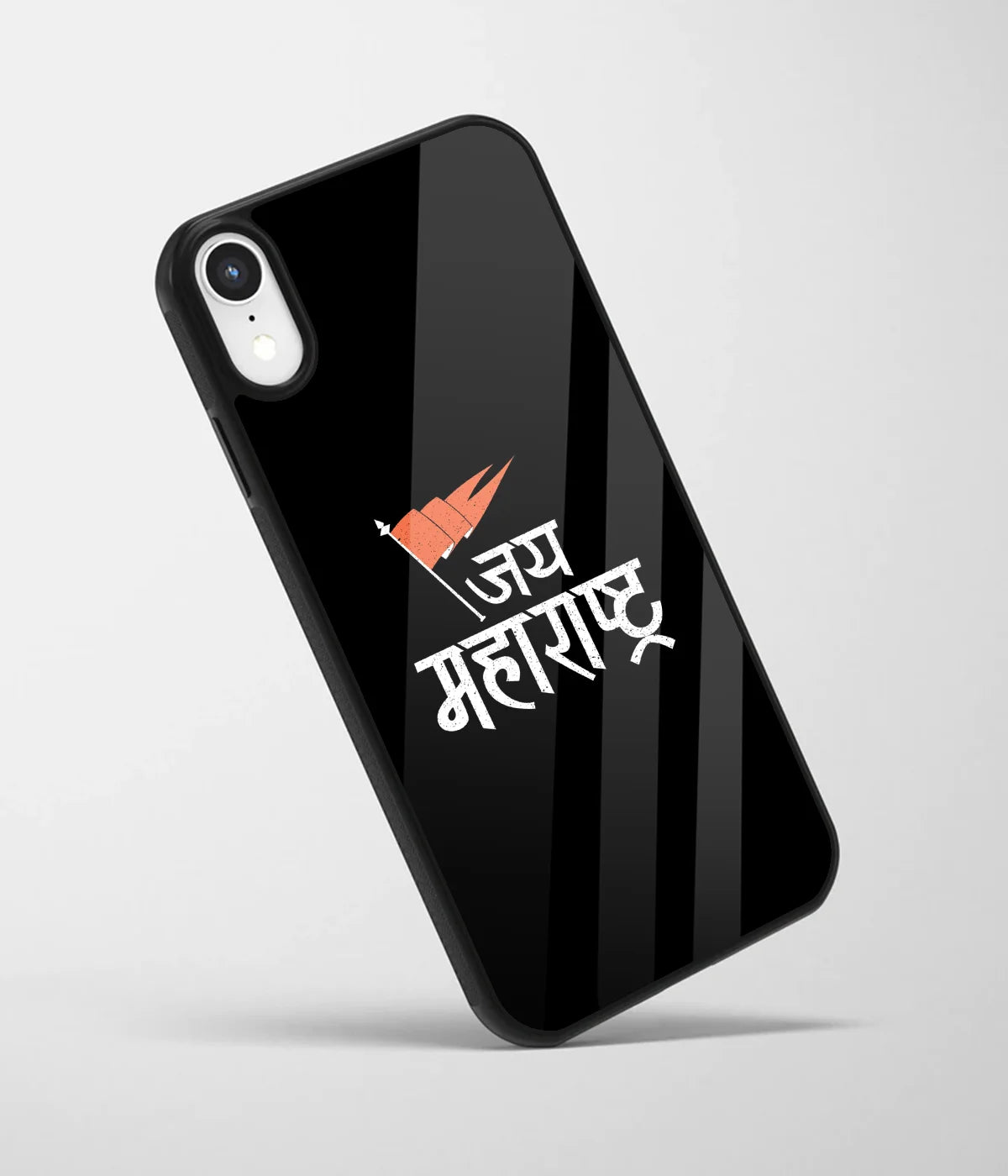 An angled view of a glass phone case featuring a vibrant design.