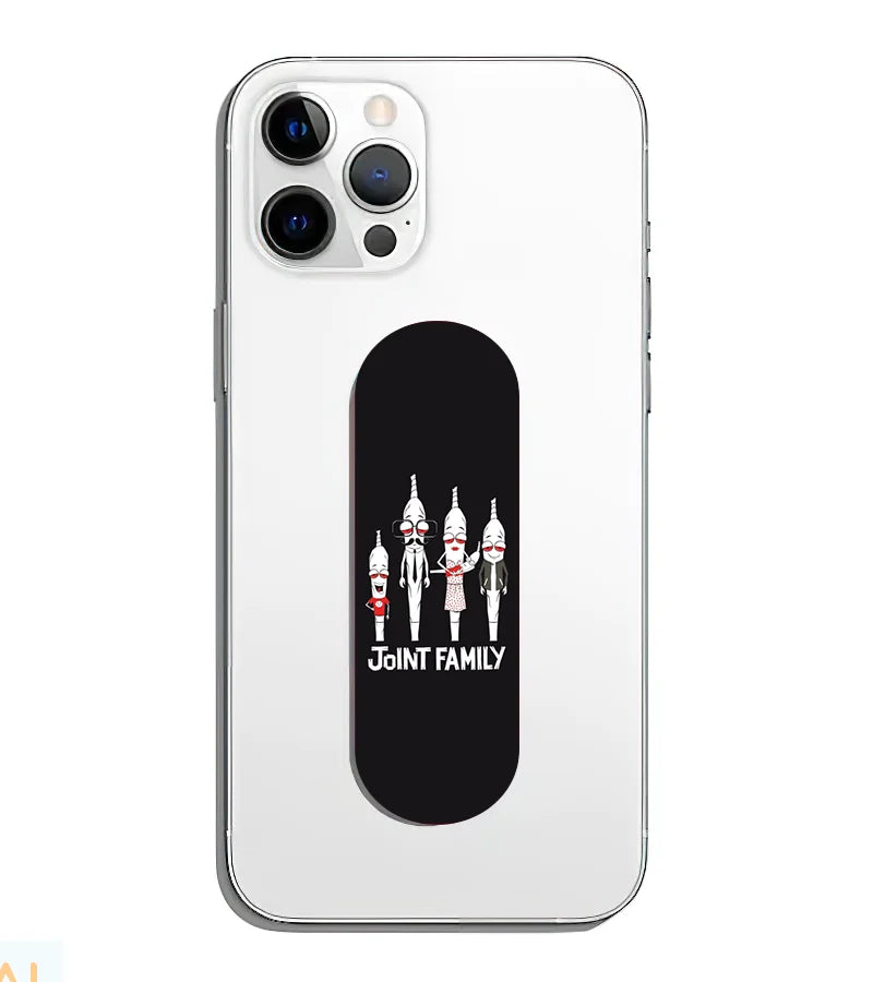 A phone grip slider applied to the back of a smartphone.