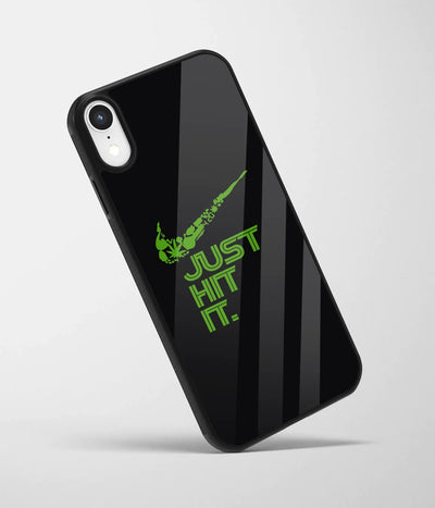 An angled view of a glass phone case featuring a vibrant design.