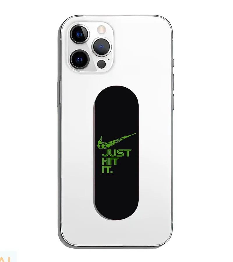 A phone grip slider applied to the back of a smartphone.