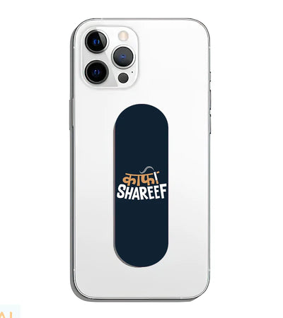 A phone grip slider applied to the back of a smartphone.