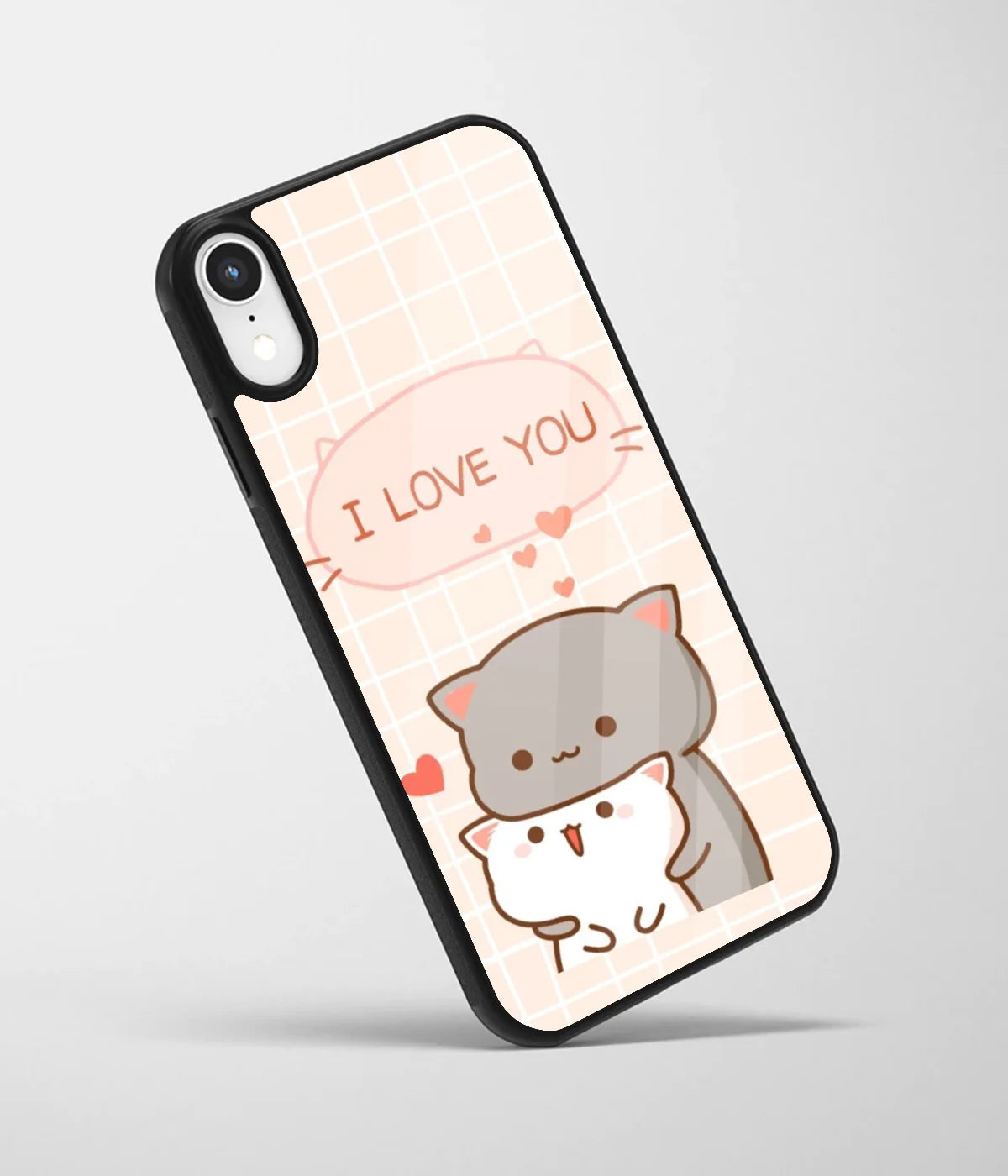 An angled view of a glass phone case featuring a vibrant design.