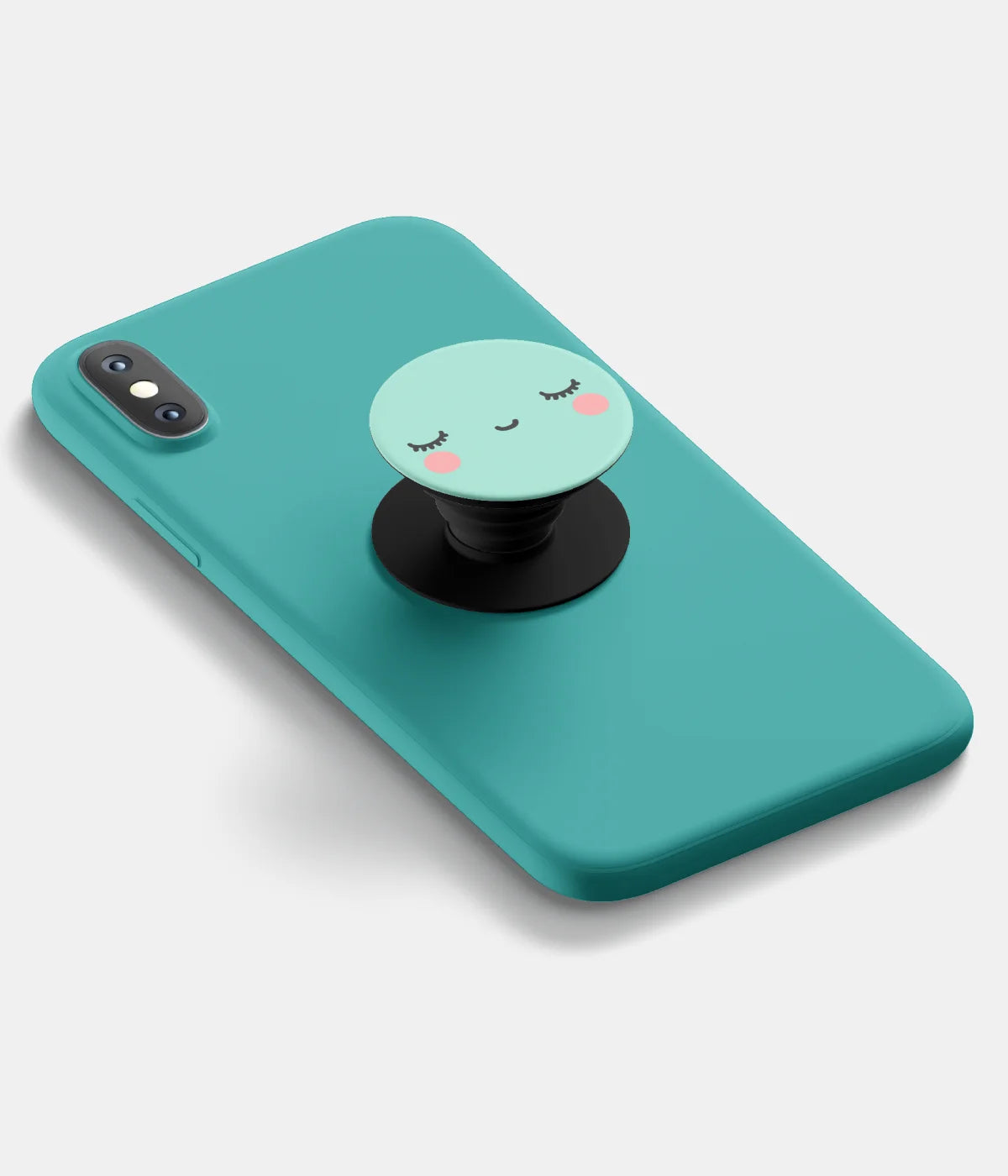 A top-down view of a phone grip holder attached to a mobile phone case on a white background