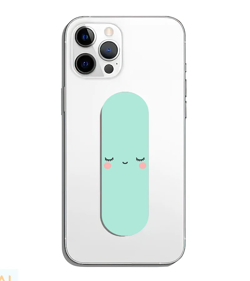 A phone grip slider applied to the back of a smartphone.