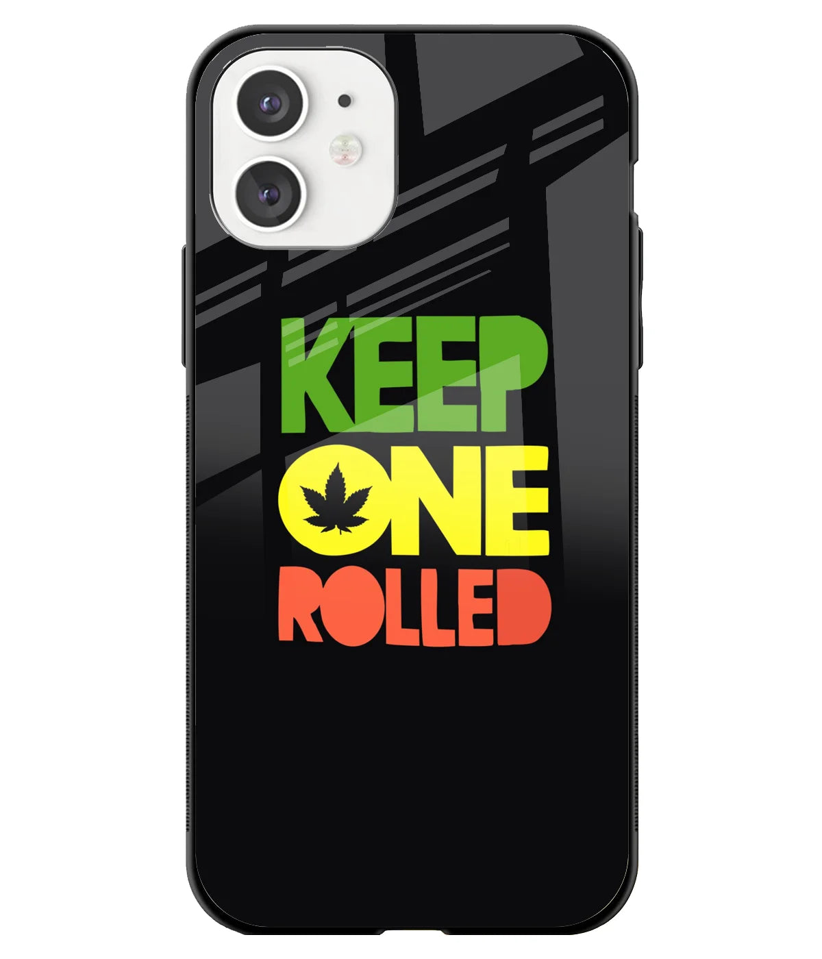 A front-on view of a glass phone case with a colorful design.