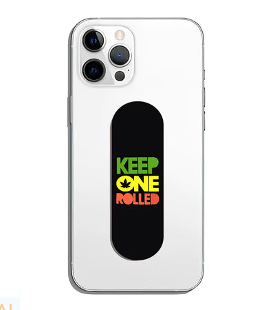 A phone grip slider applied to the back of a smartphone.