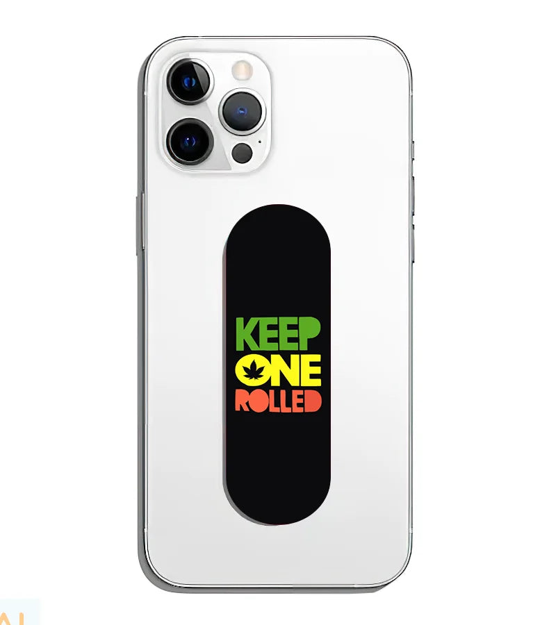 A phone grip slider applied to the back of a smartphone.