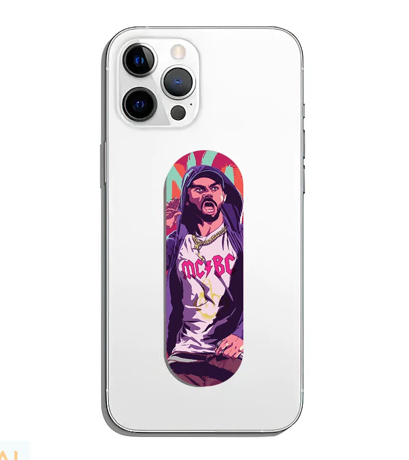 A phone grip slider applied to the back of a smartphone.