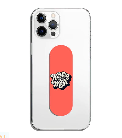 A phone grip slider applied to the back of a smartphone.