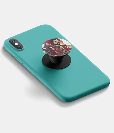 A top-down view of a phone grip holder attached to a mobile phone case on a white background