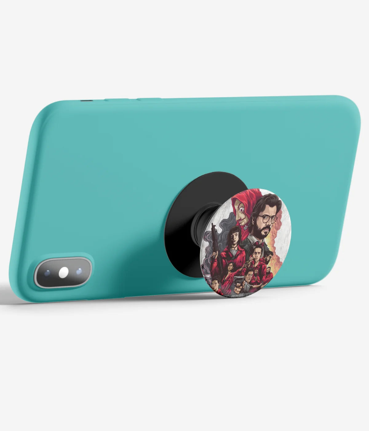 An image demonstrating how to use the phone grip as a stand to hold a mobile phone in landscape mode for hands-free viewing