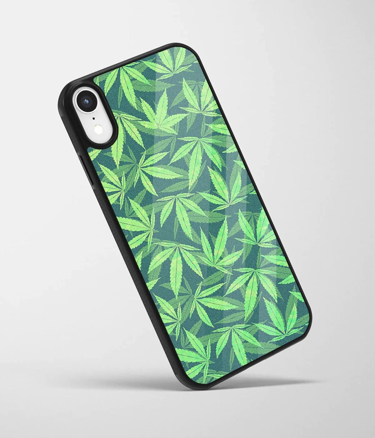 An angled view of a glass phone case featuring a vibrant design.