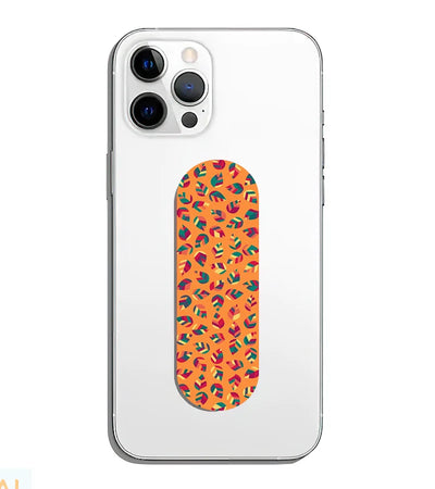 A phone grip slider applied to the back of a smartphone.