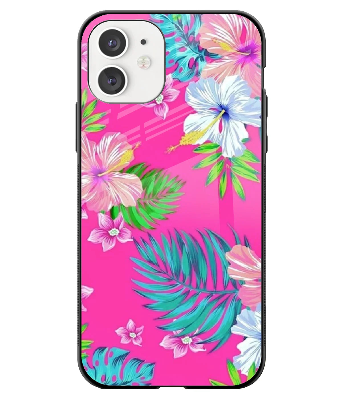 A front-on view of a glass phone case with a colorful design.