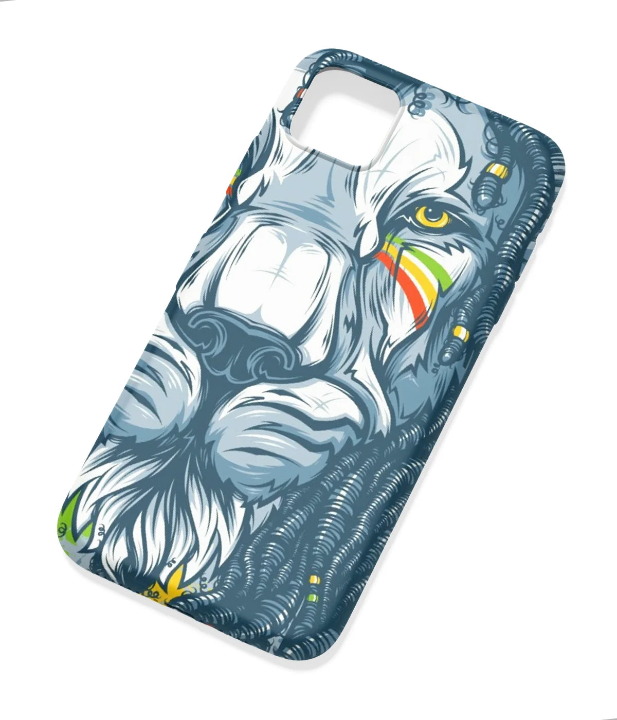 An angled view of a soft silicone case featuring a colorful design.