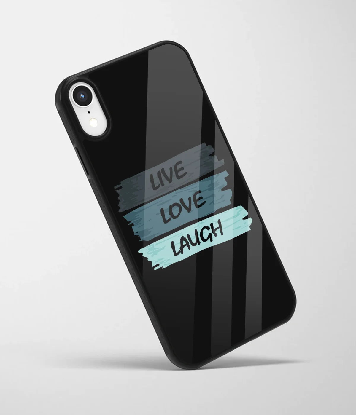An angled view of a glass phone case featuring a vibrant design.