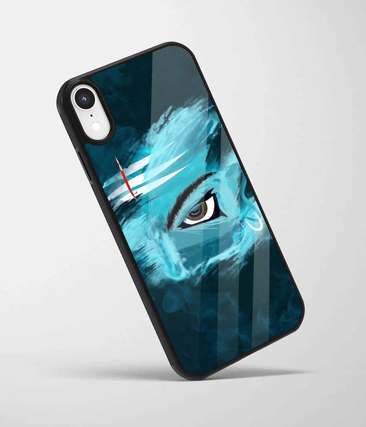 An angled view of a glass phone case featuring a vibrant design.