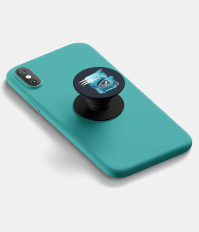 A top-down view of a phone grip holder attached to a mobile phone case on a white background