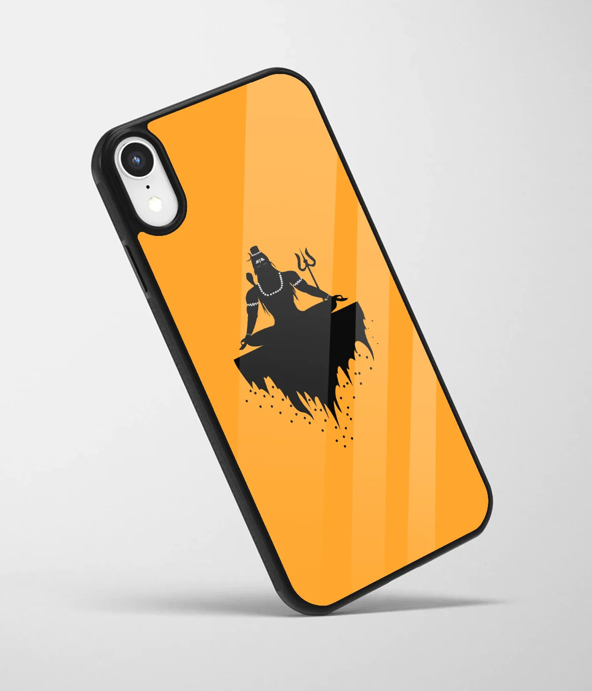 An angled view of a glass phone case featuring a vibrant design.
