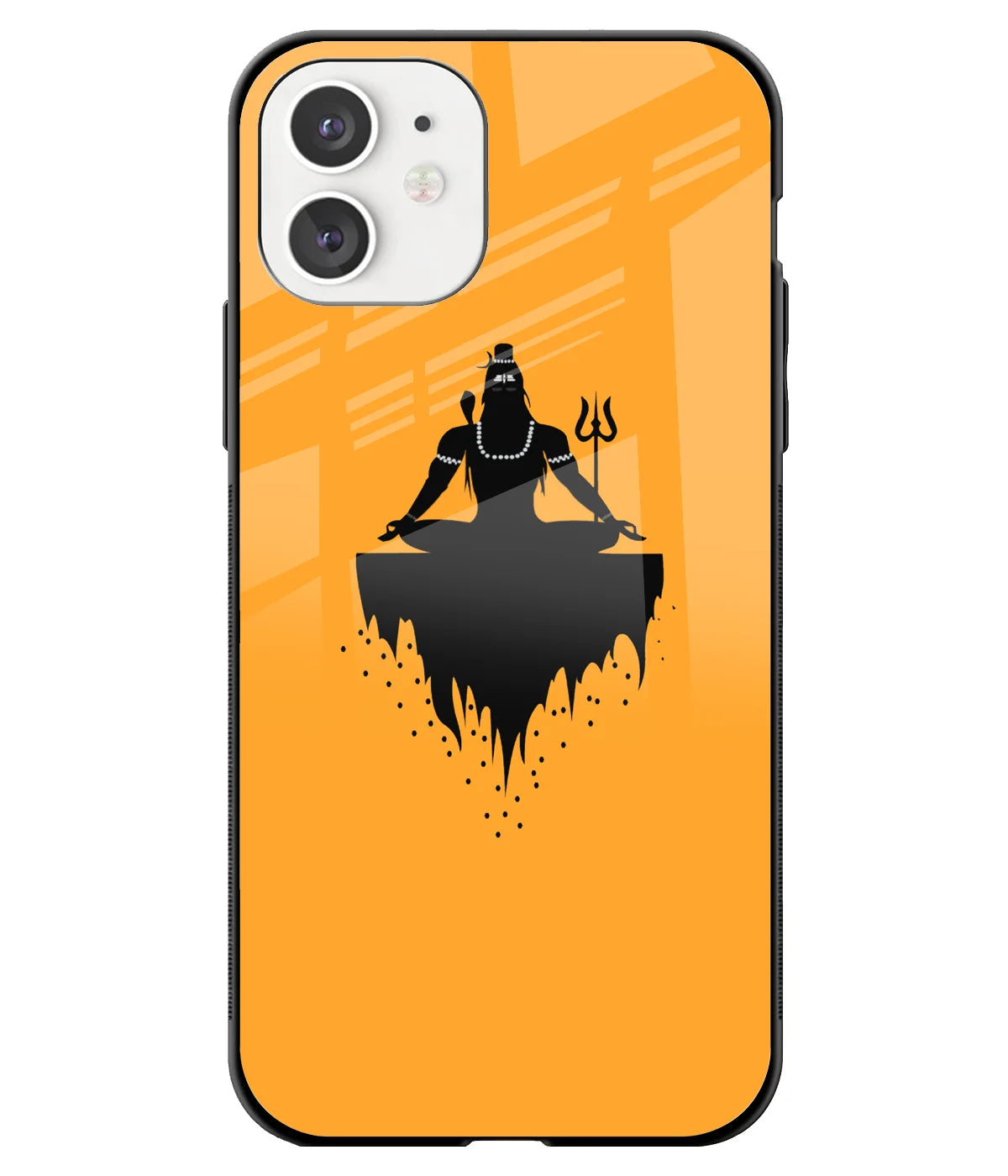 A front-on view of a glass phone case with a colorful design.