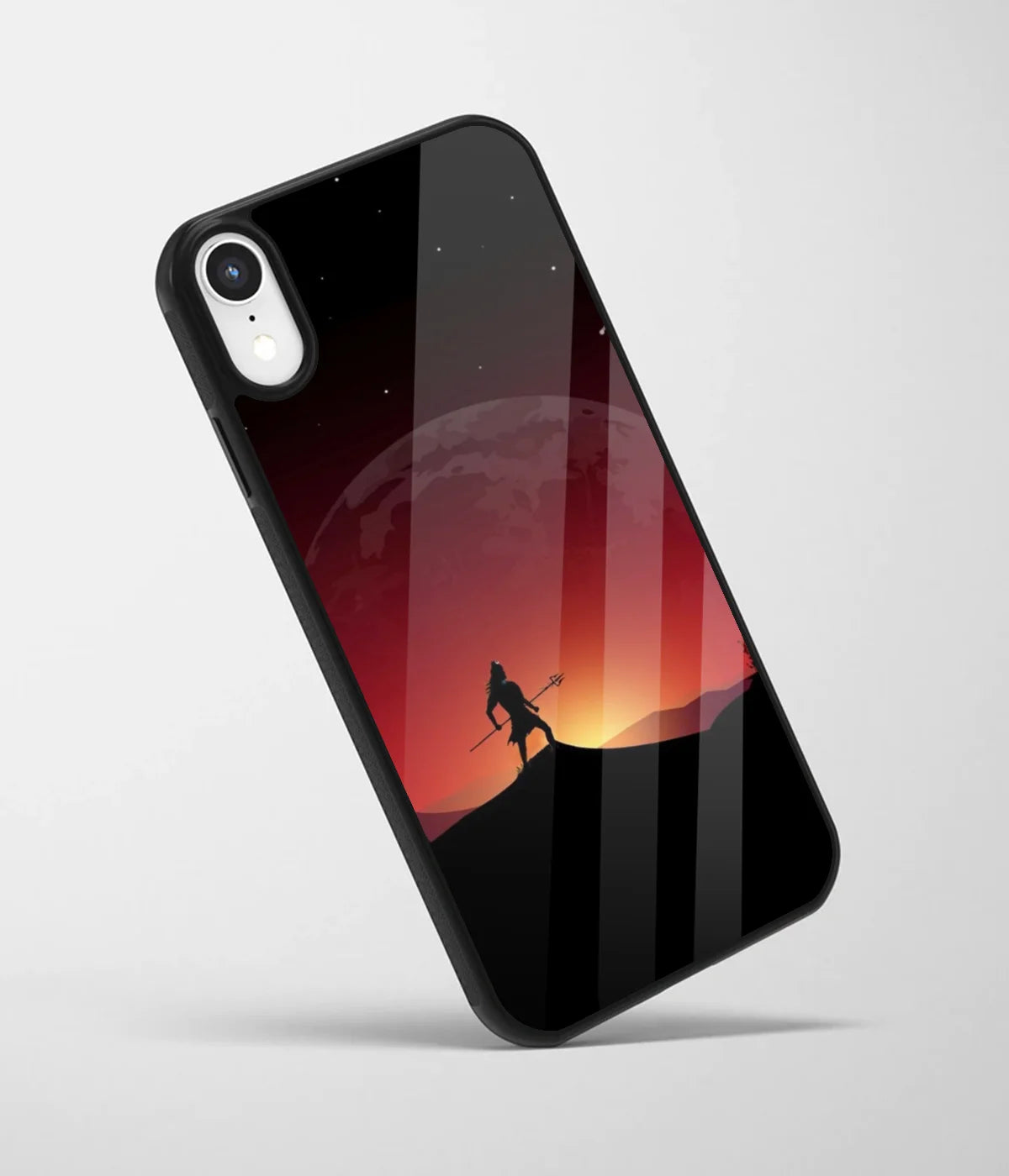 An angled view of a glass phone case featuring a vibrant design.