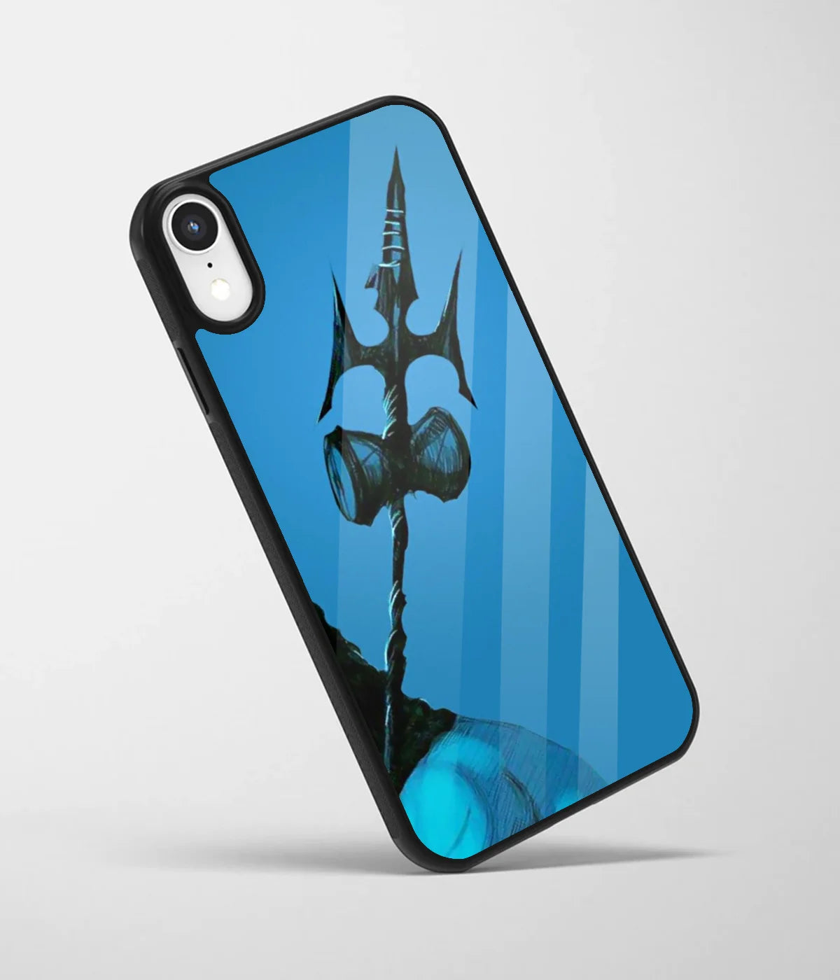 An angled view of a glass phone case featuring a vibrant design.