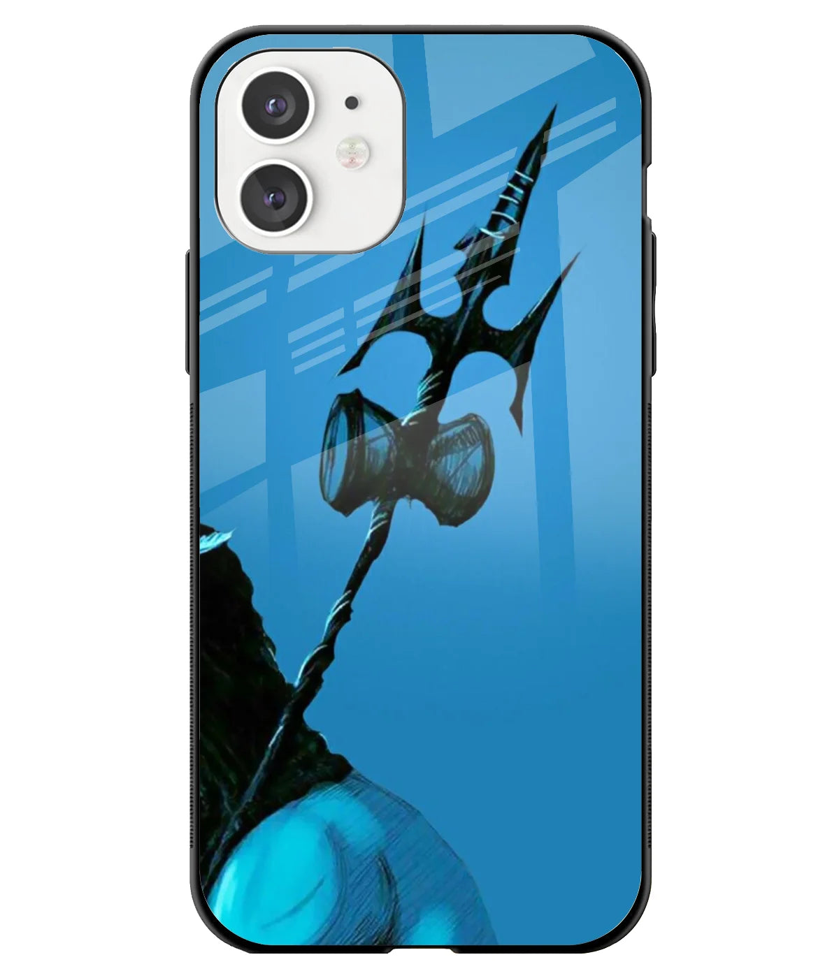 A front-on view of a glass phone case with a colorful design.