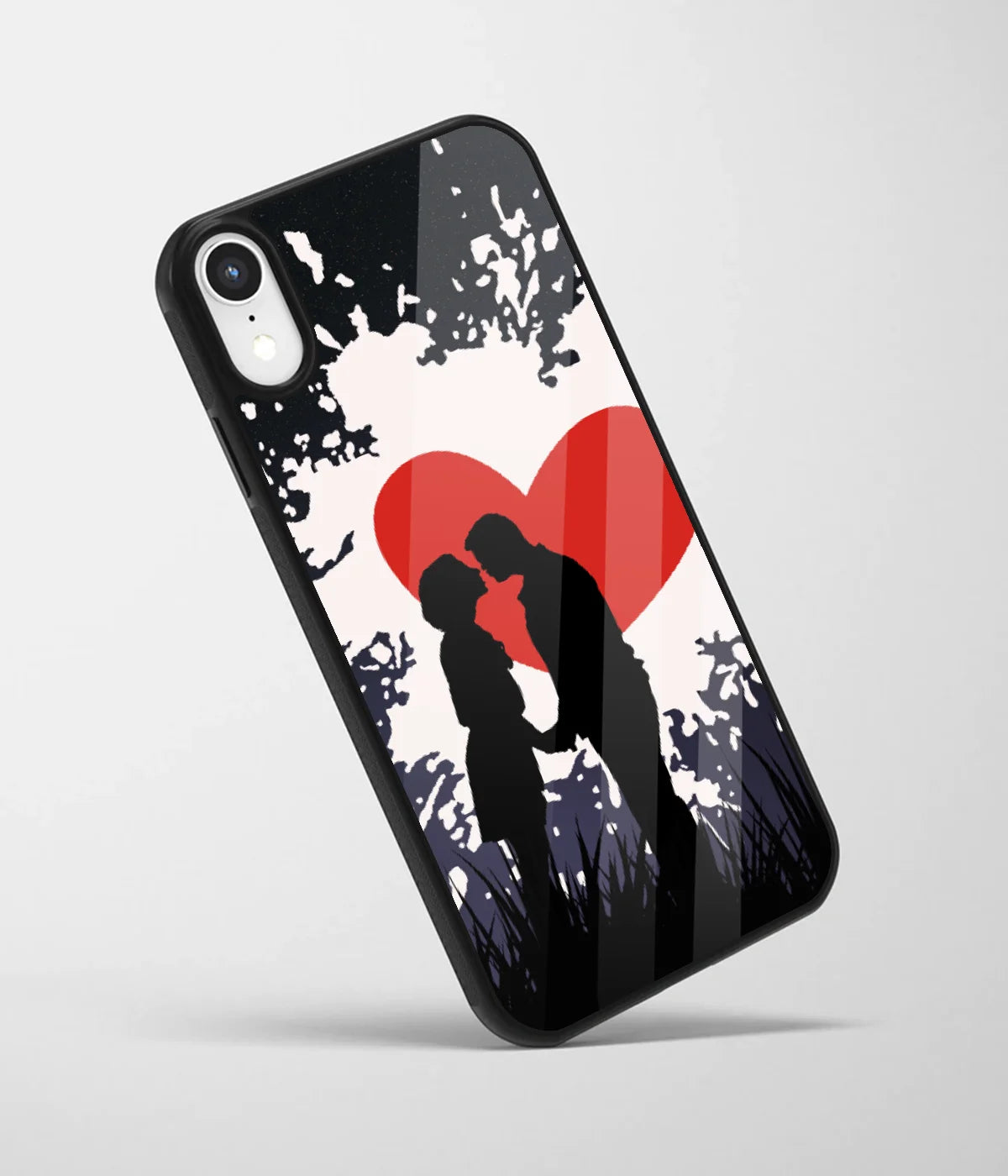 An angled view of a glass phone case featuring a vibrant design.