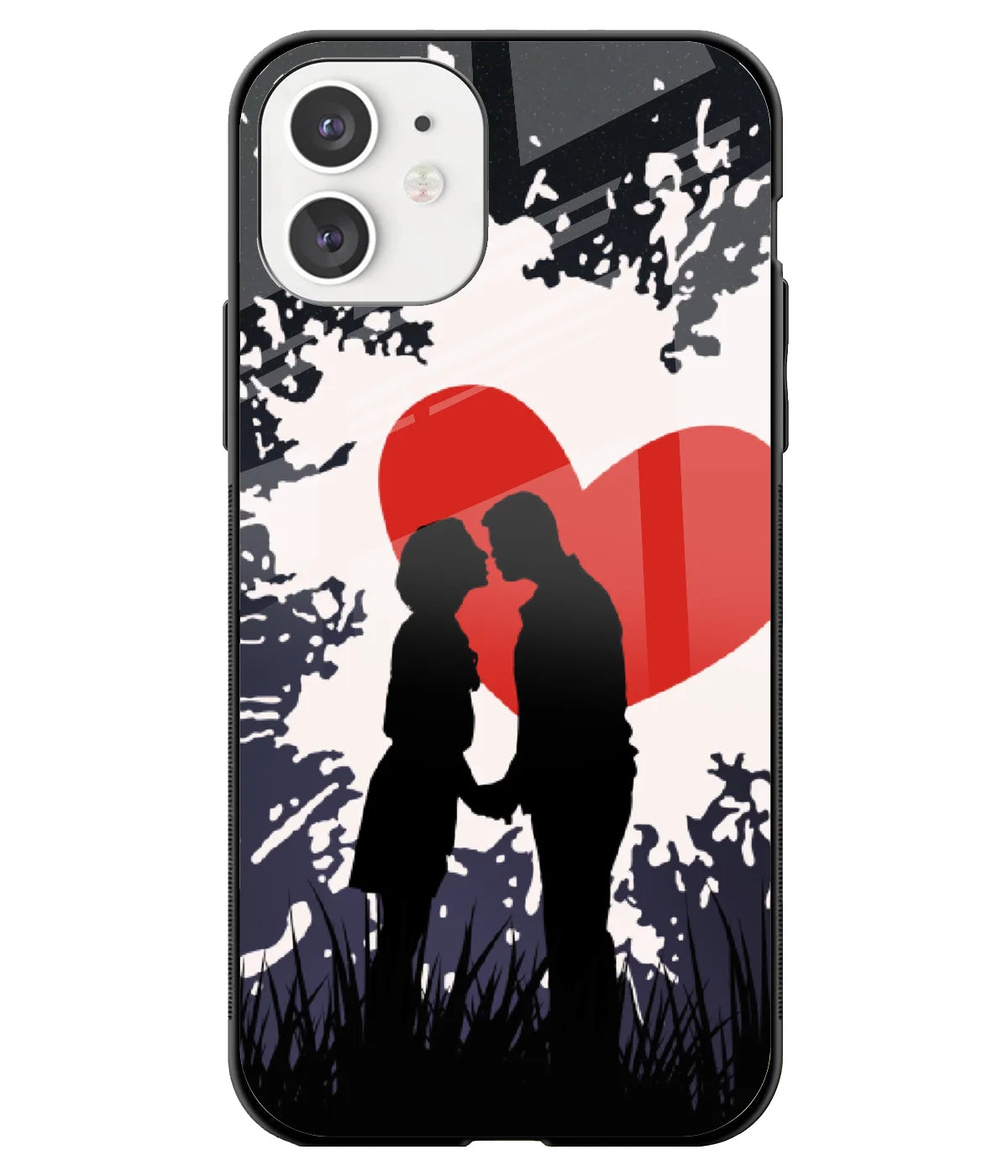 A front-on view of a glass phone case with a colorful design.