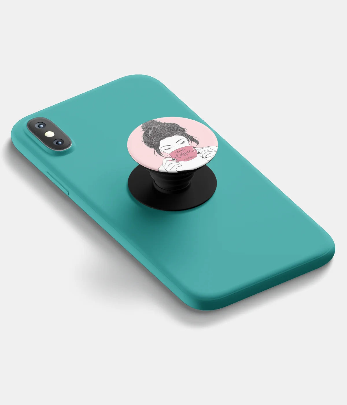 A top-down view of a phone grip holder attached to a mobile phone case on a white background