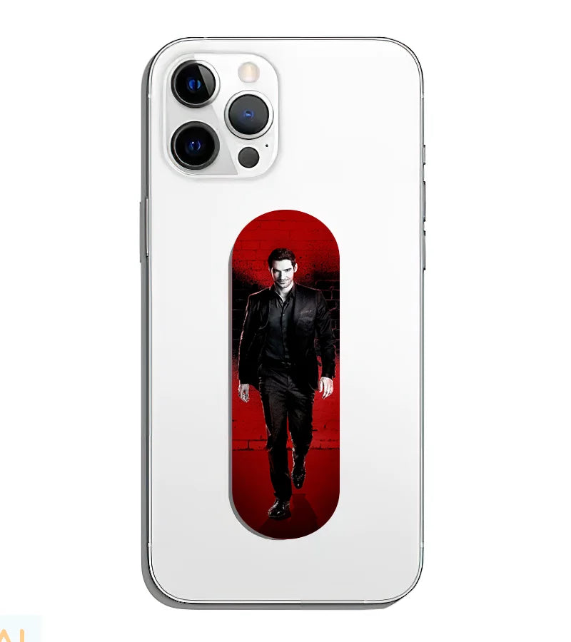 A phone grip slider applied to the back of a smartphone.