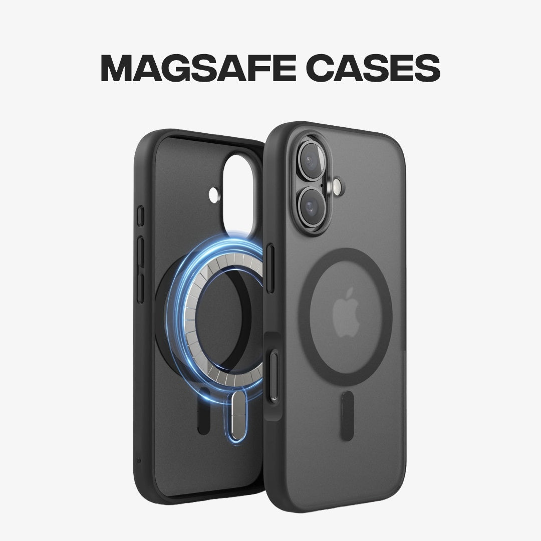 Banner showing a translucent black MagSafe Case highlighting the magnetic ring alignment for wireless charging with the text "MagSafe Cases".