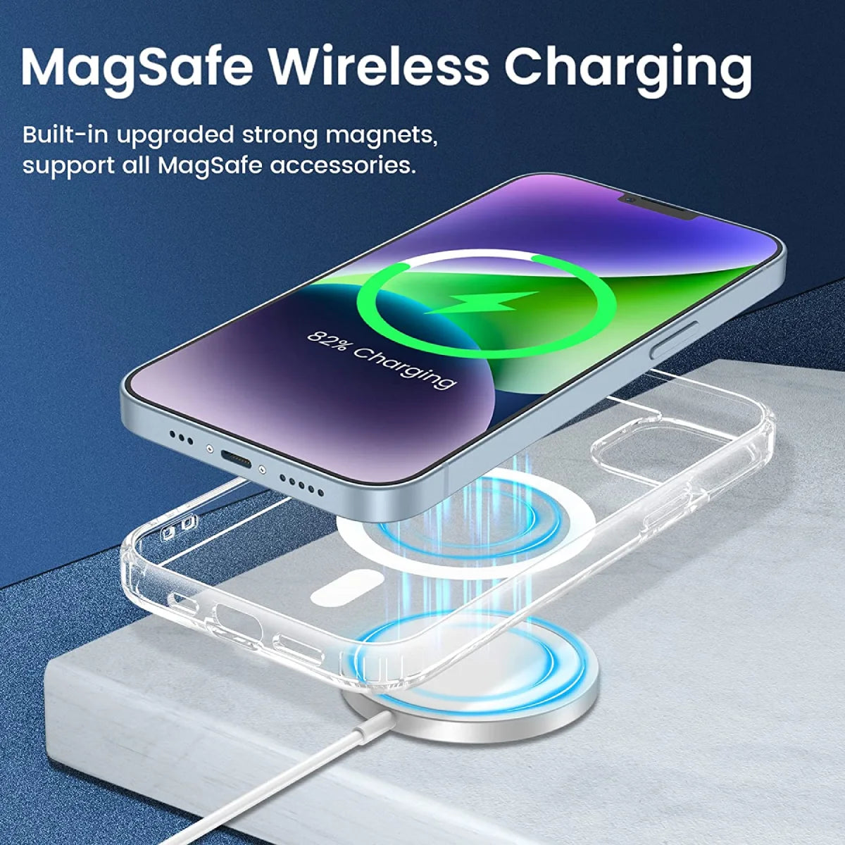 iPhone clear case with built-in strong magnets supporting MagSafe wireless charging.