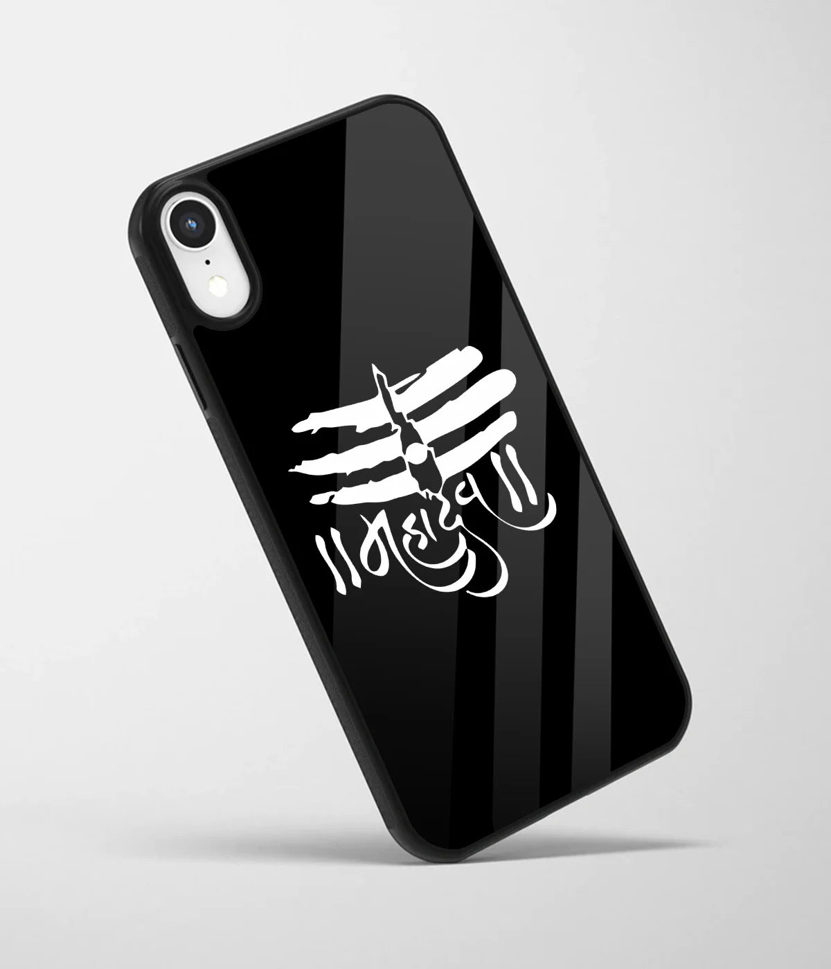 An angled view of a glass phone case featuring a vibrant design.