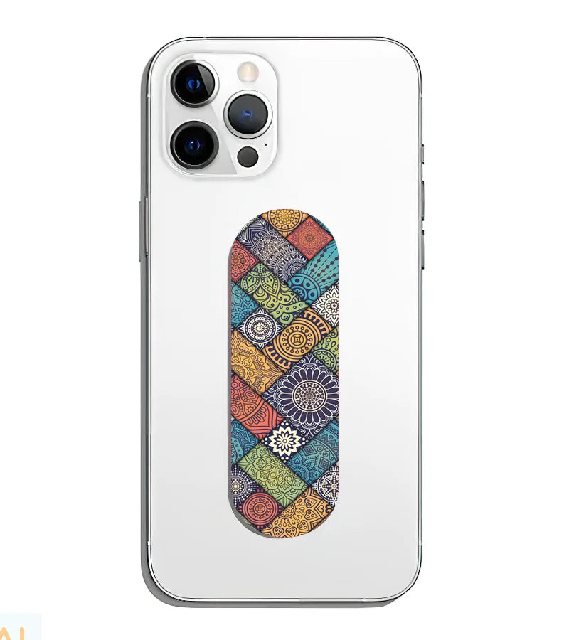 A phone grip slider applied to the back of a smartphone.