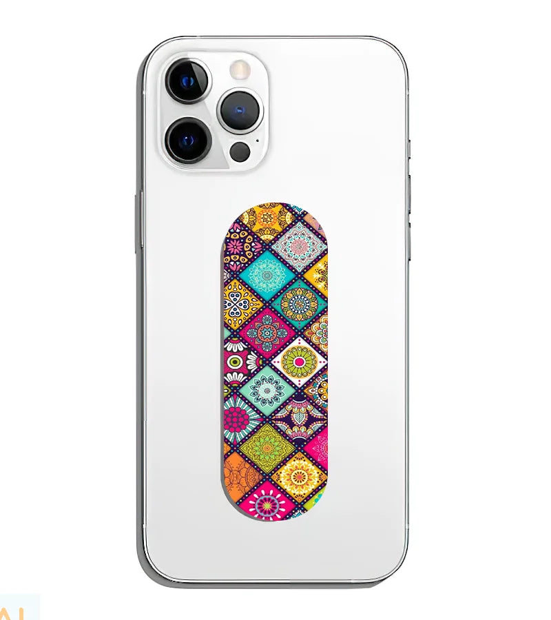 A phone grip slider applied to the back of a smartphone.