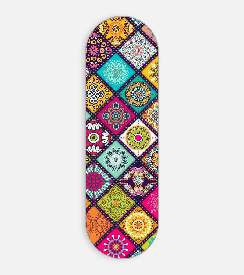 Mobile phone grip slider with a colorful design on a white background