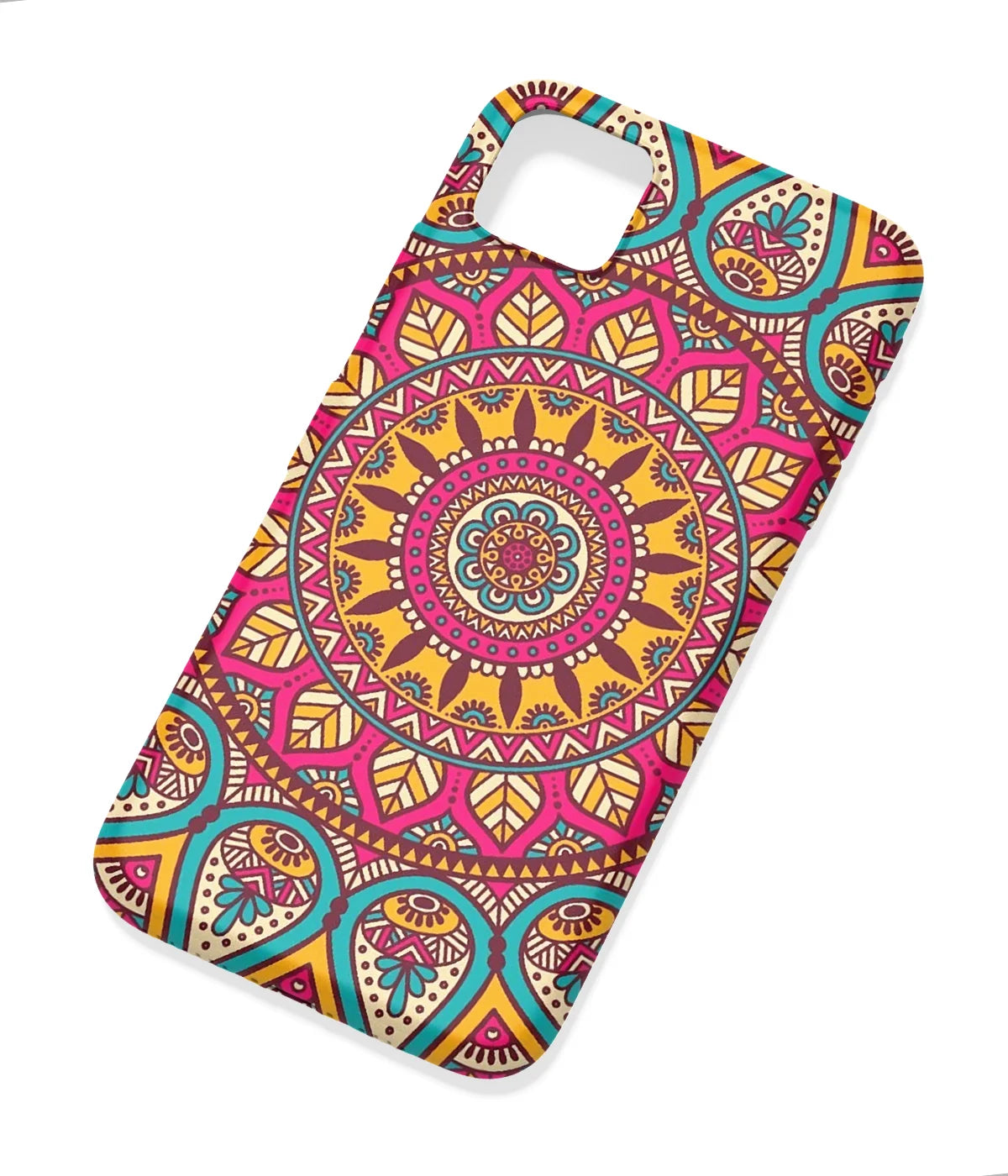 An angled view of a soft silicone case featuring a colorful design.