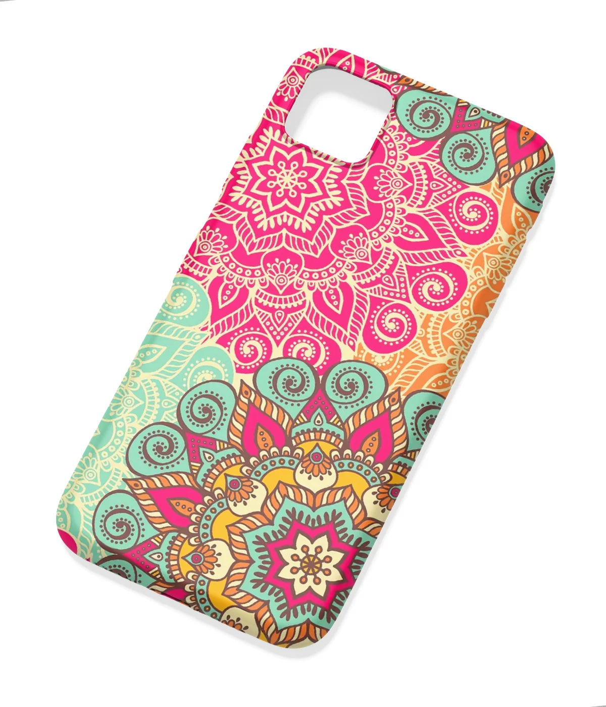 An angled view of a soft silicone case featuring a colorful design.