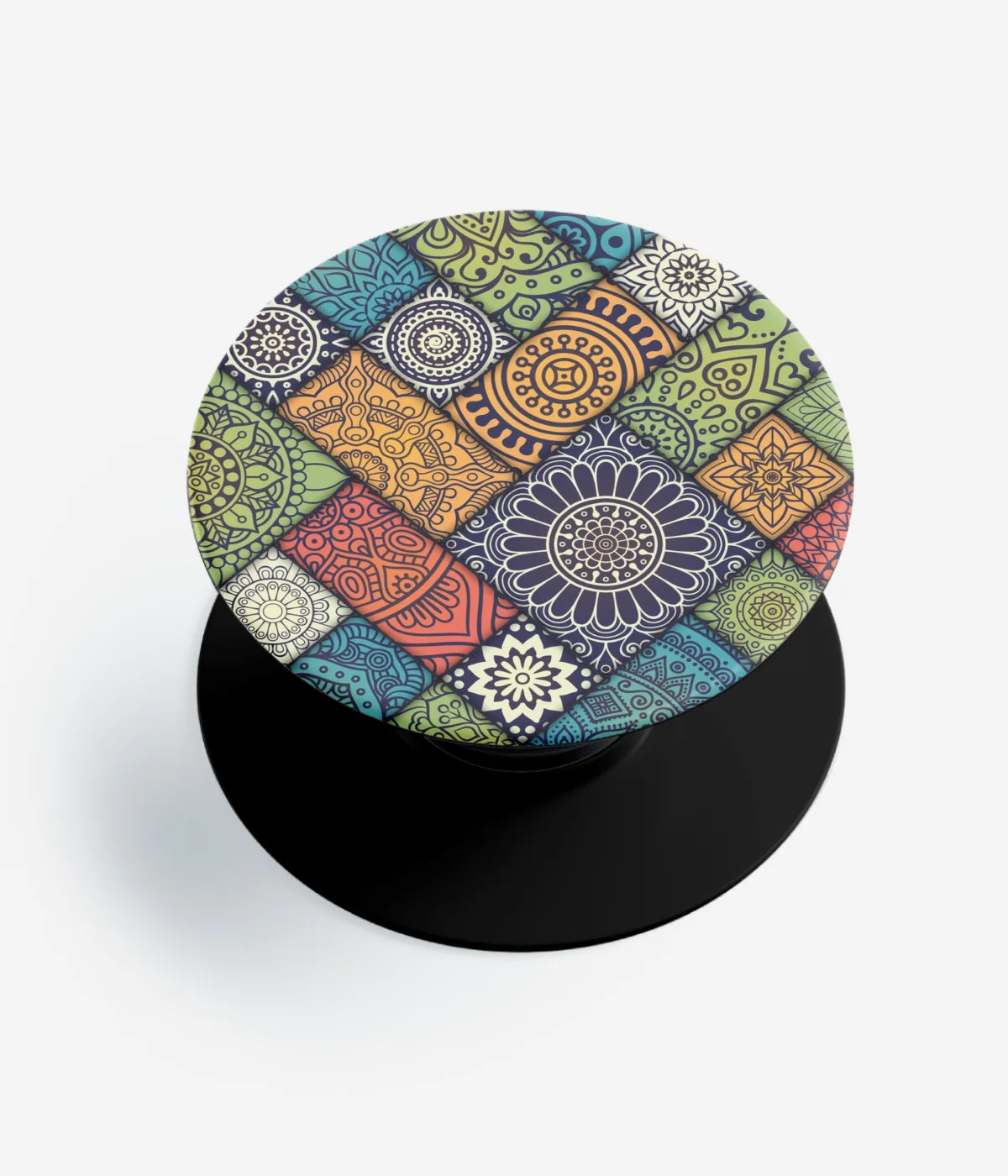 A top-down view of a phone grip holder on a clean white background