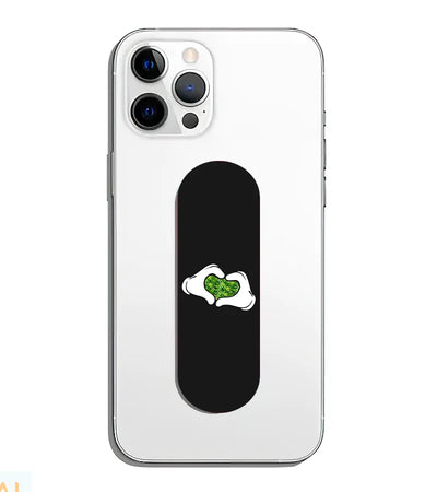 A phone grip slider applied to the back of a smartphone.
