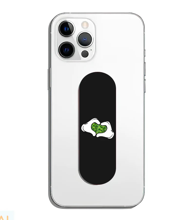 A phone grip slider applied to the back of a smartphone.